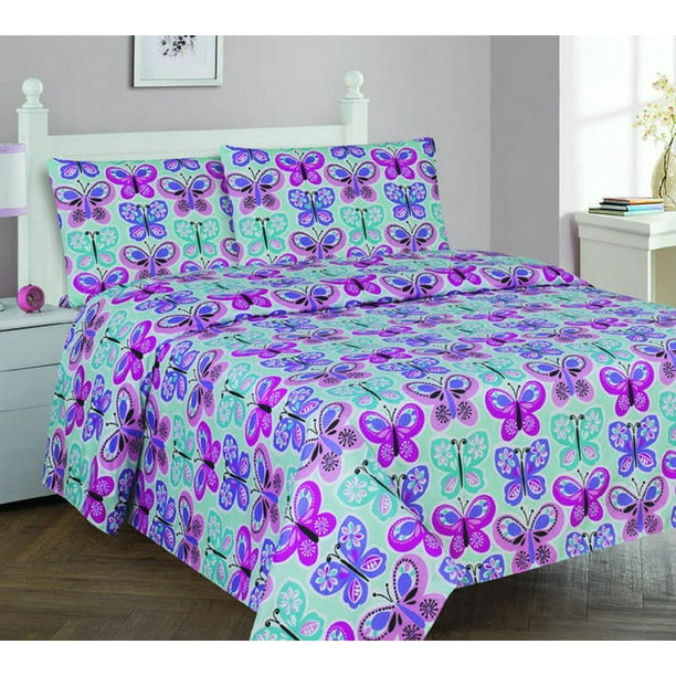 Full Size 4pc Sheet Set for Girls Butterfly Light Blue Turquoise Pink Purple New Linen Plus 